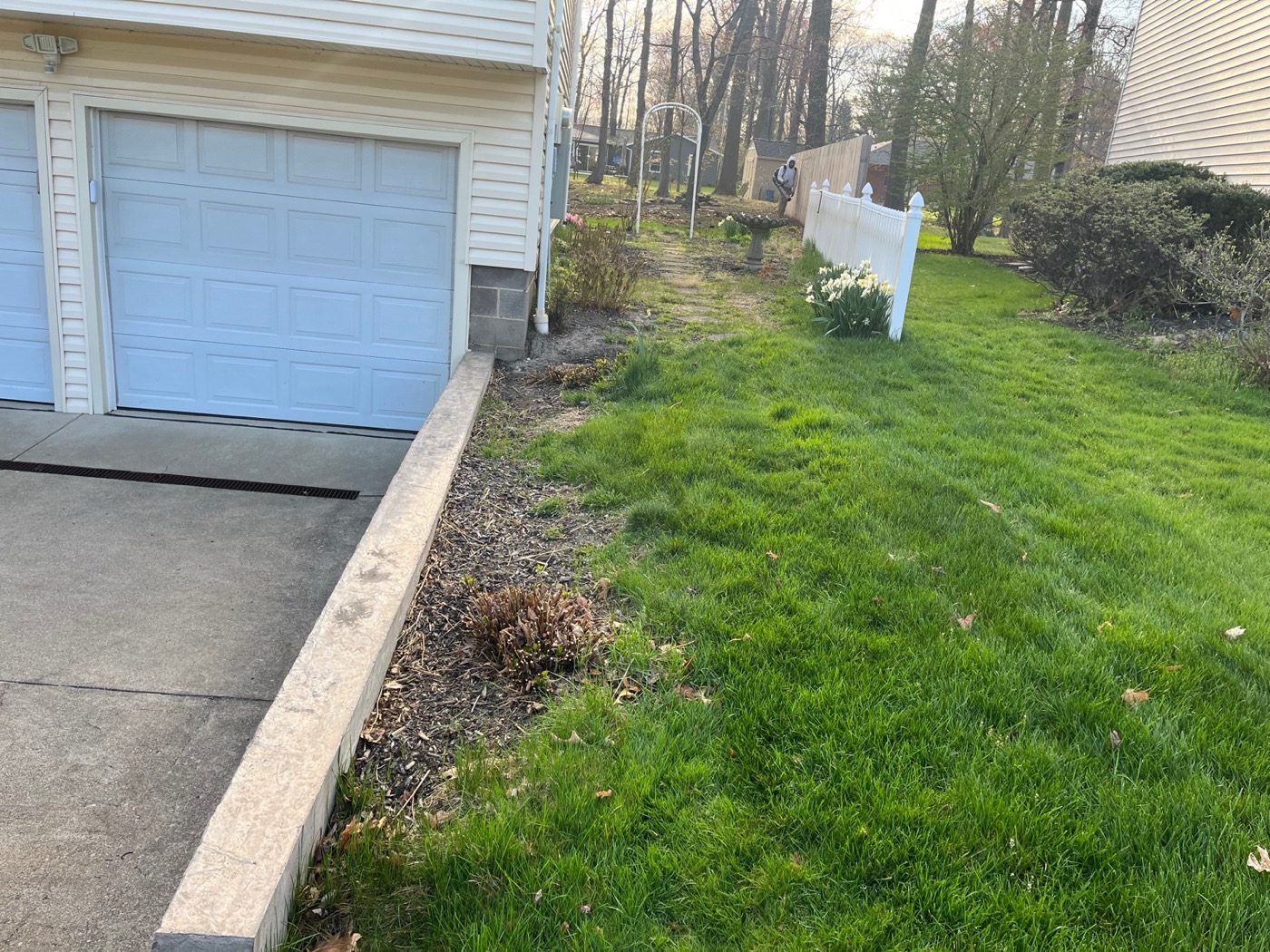 Driveway edge with wood-chip mulch and rough bed line before the crew arrived